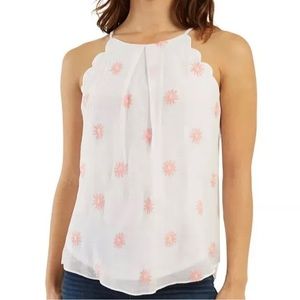 BCX Scalloped Floral Embroidered White Pink Top Size Small